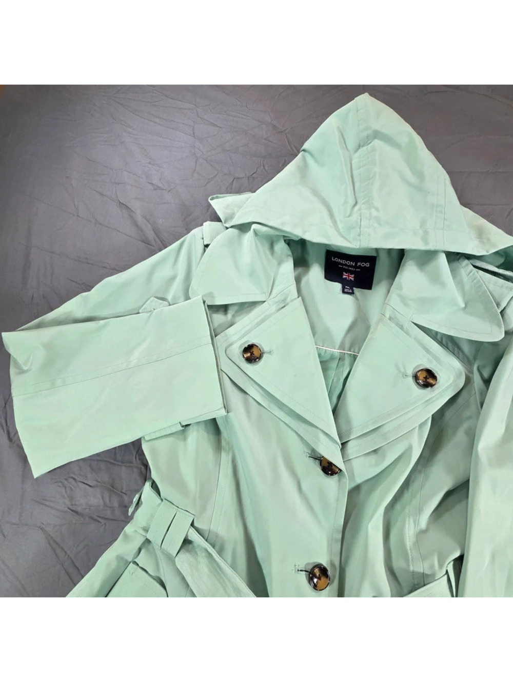 mint green hooded trench coat from London Fog PXL